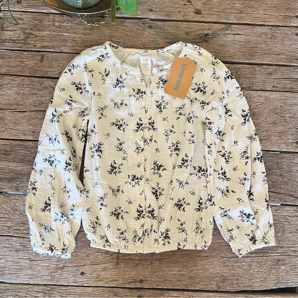 Cotton Floral Print Kids Top - Cream and Black